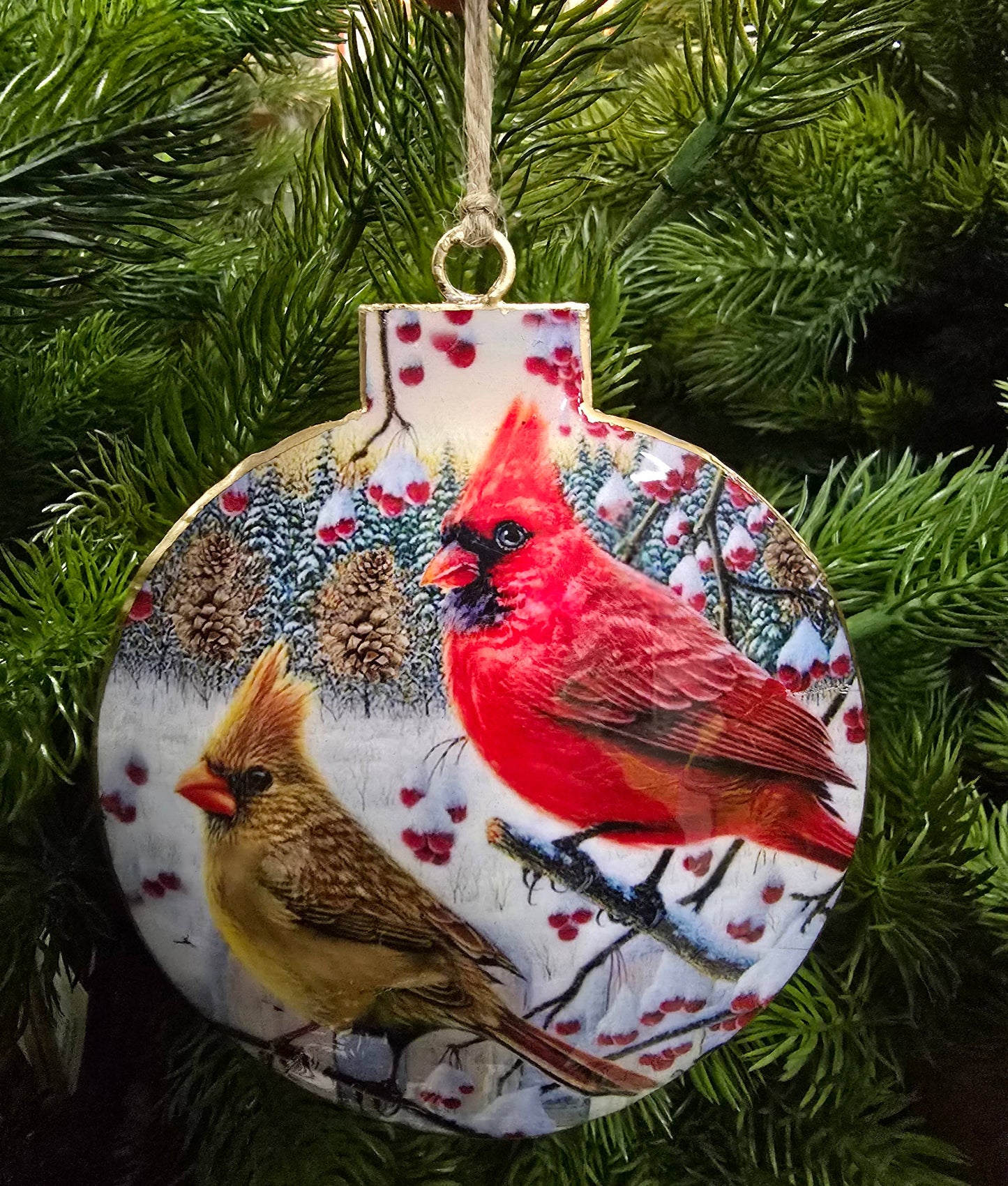 Cardinal Couple Metal Christmas Ornament 4.25in