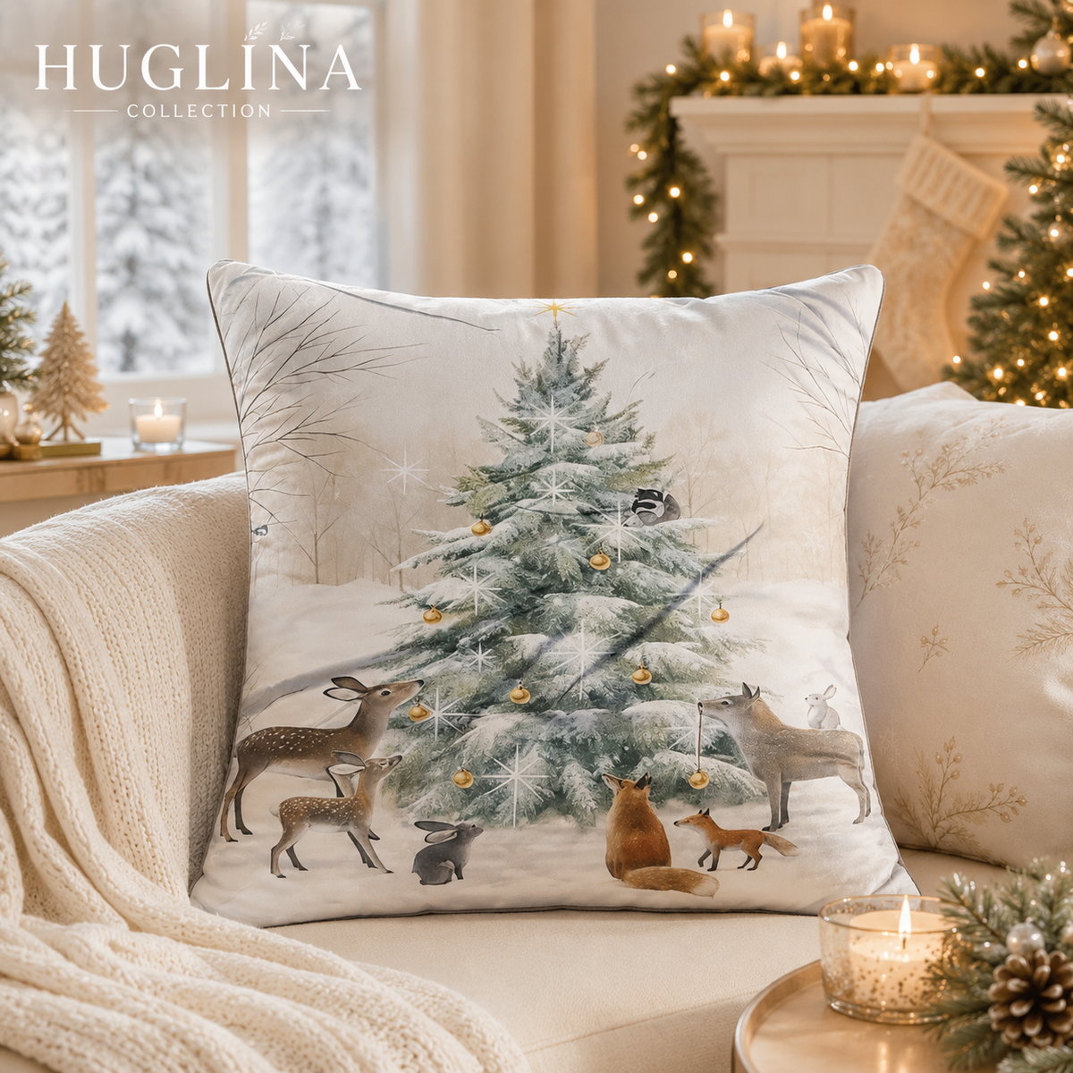 Decorating the Forest Christmas Tree Throw Pillow with Insert Included - 18" x 18" Forest Animals