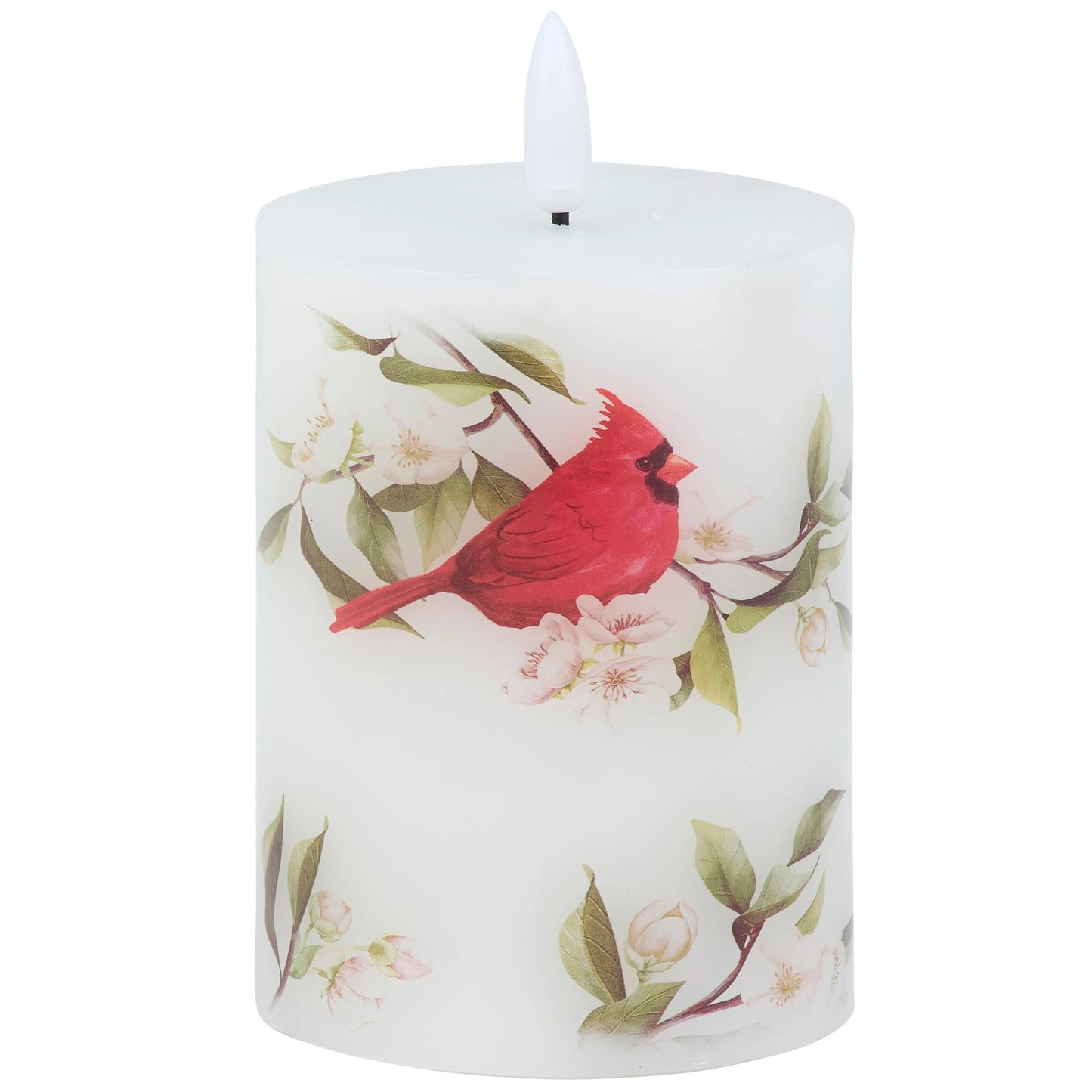 Cardinal on a Branch Flameless Timer Pillar Candle 3" x 4"