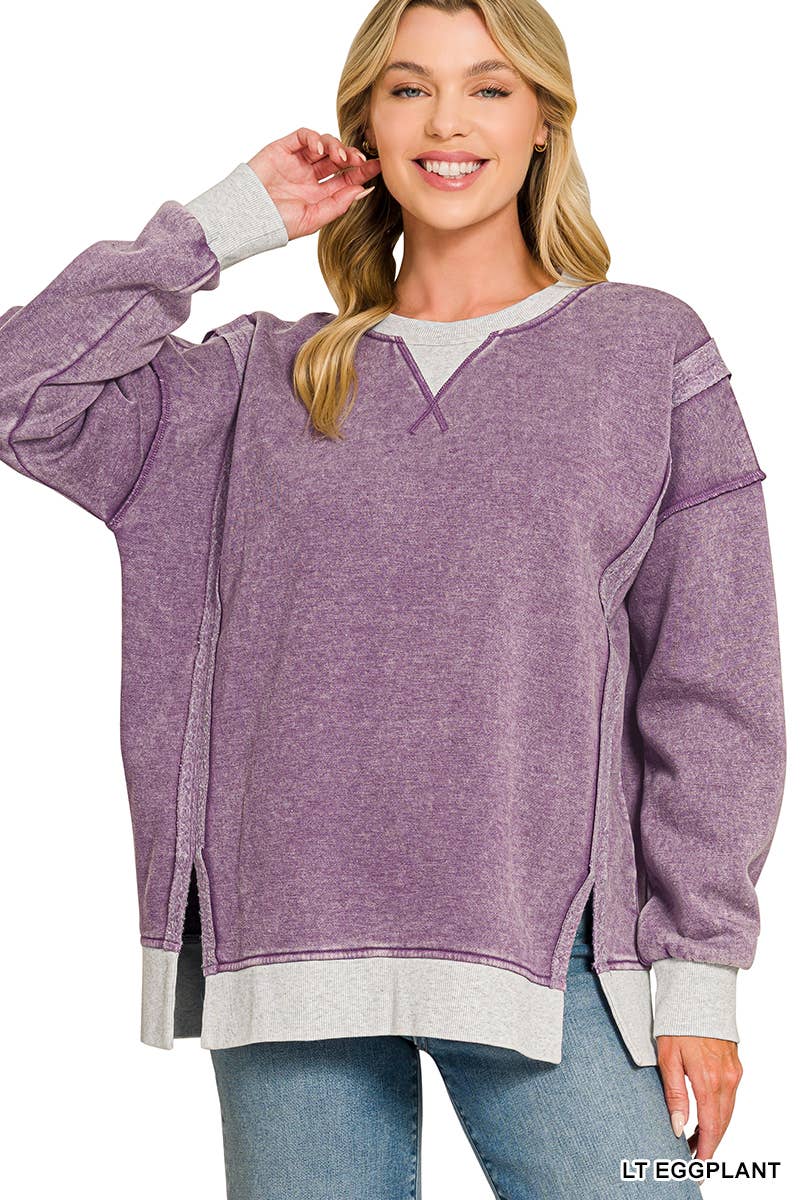 Fleece Acid Washed Contrast Trim Pullover