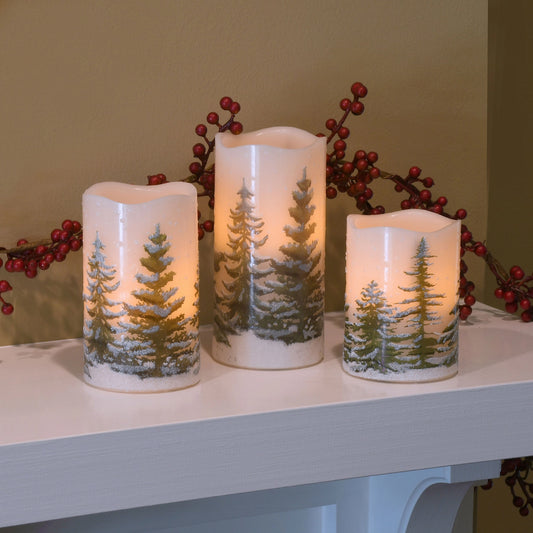 Snowy Pine Tree LED Flameless Pillar Candle - 3 Sizes
