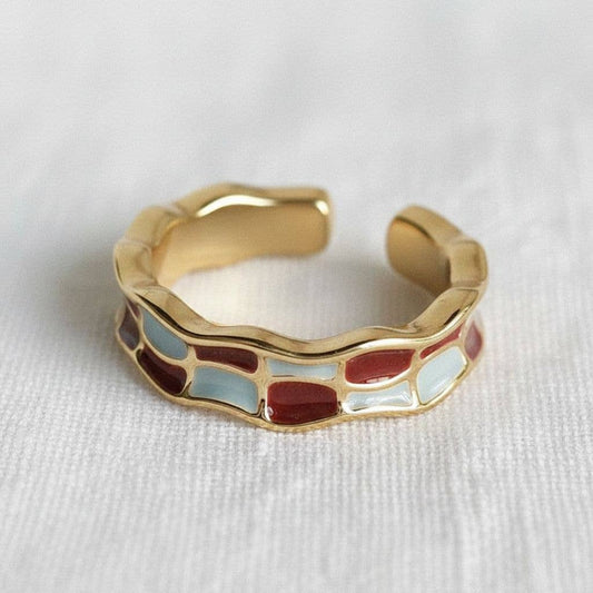 Burgundy Check Enamel Adjustable Ring