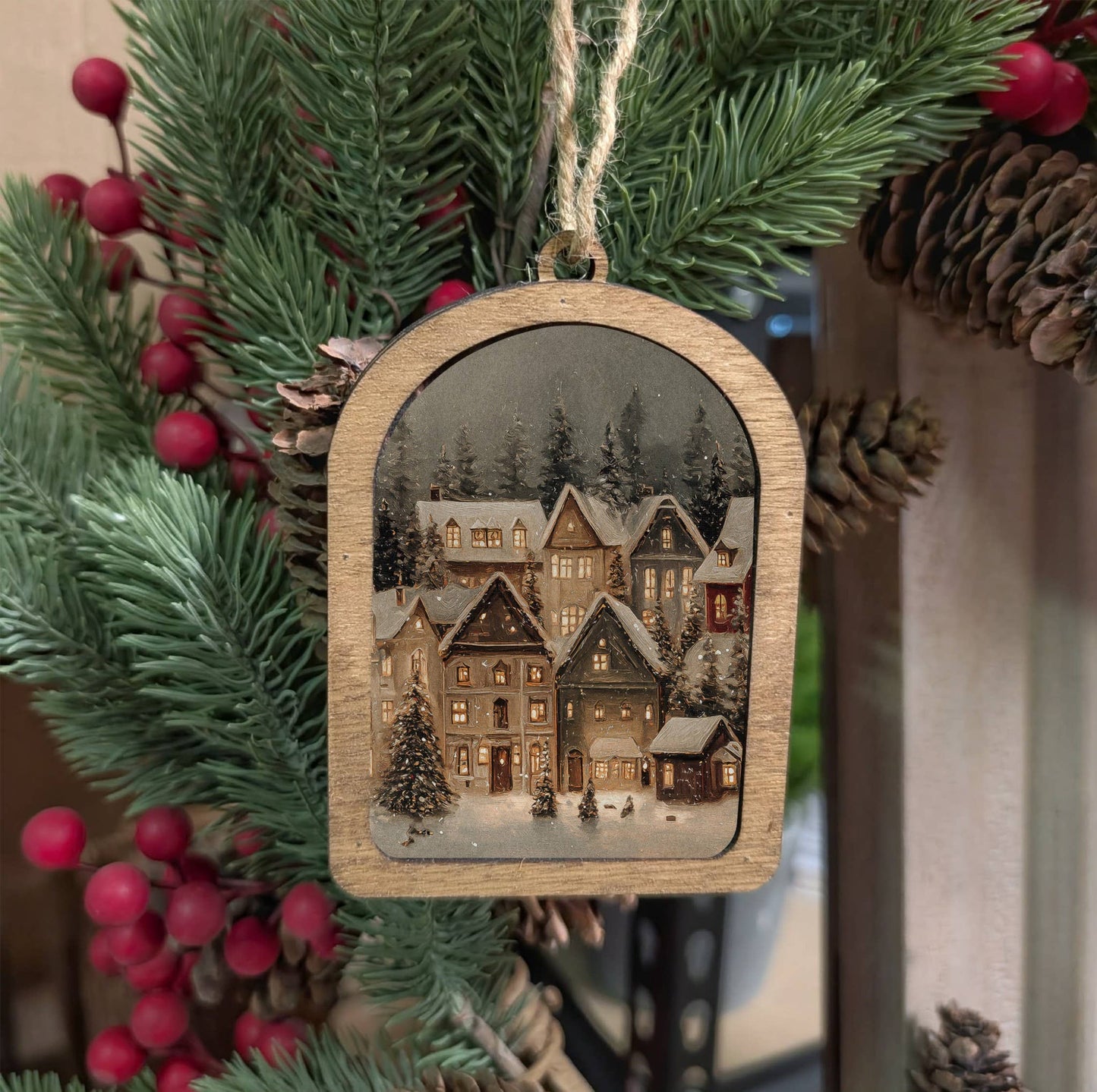 Framed Arch Ornament Snowy Christmas Village