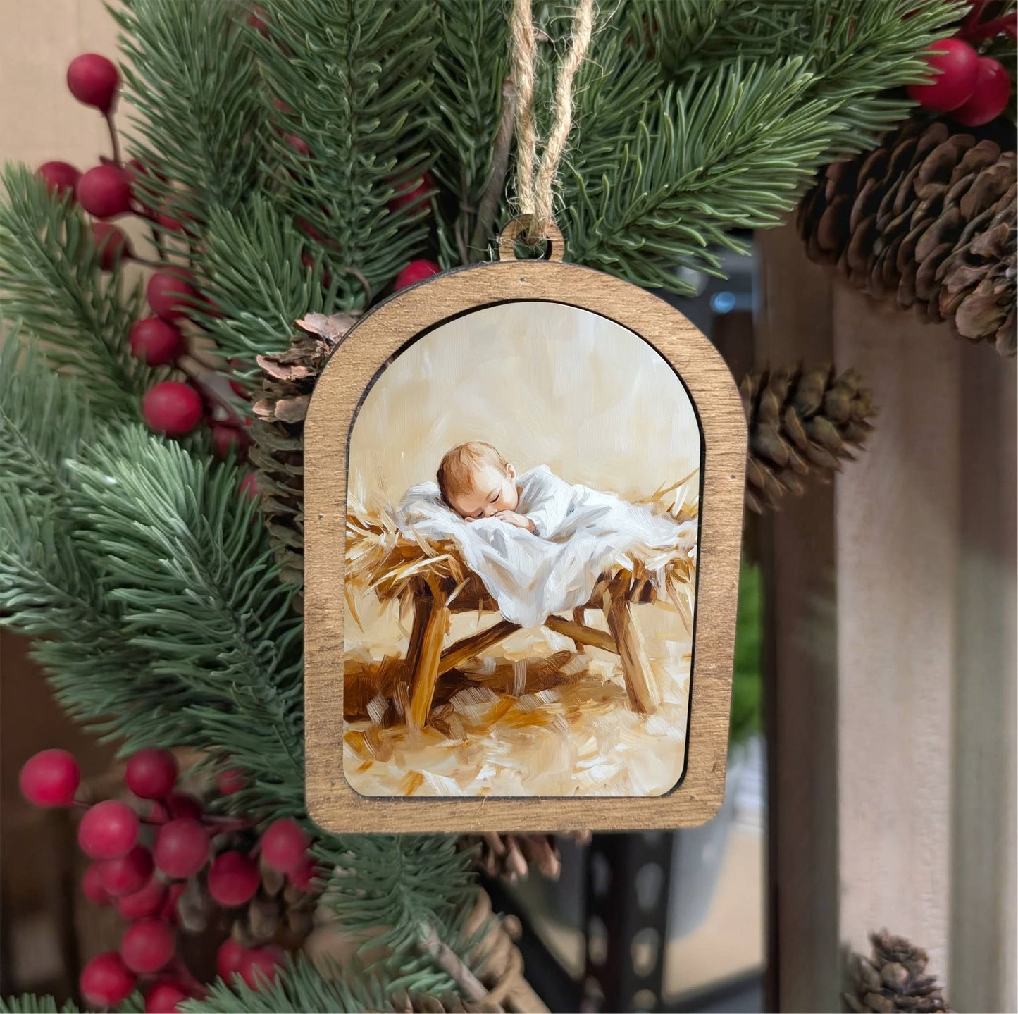Framed Arch Ornament Away in the Manger