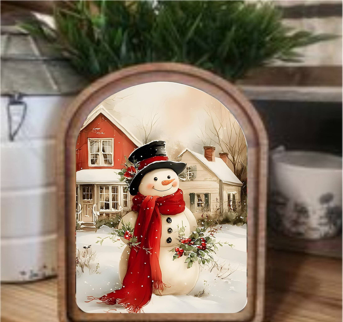 Cozy Christmas Snowman Framed Art - Arch Top