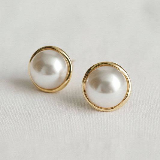 Gold Tone Outline Pearl Stud Earrings