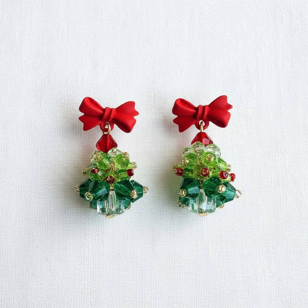 Beaded Christmas Tree Bow Earrings