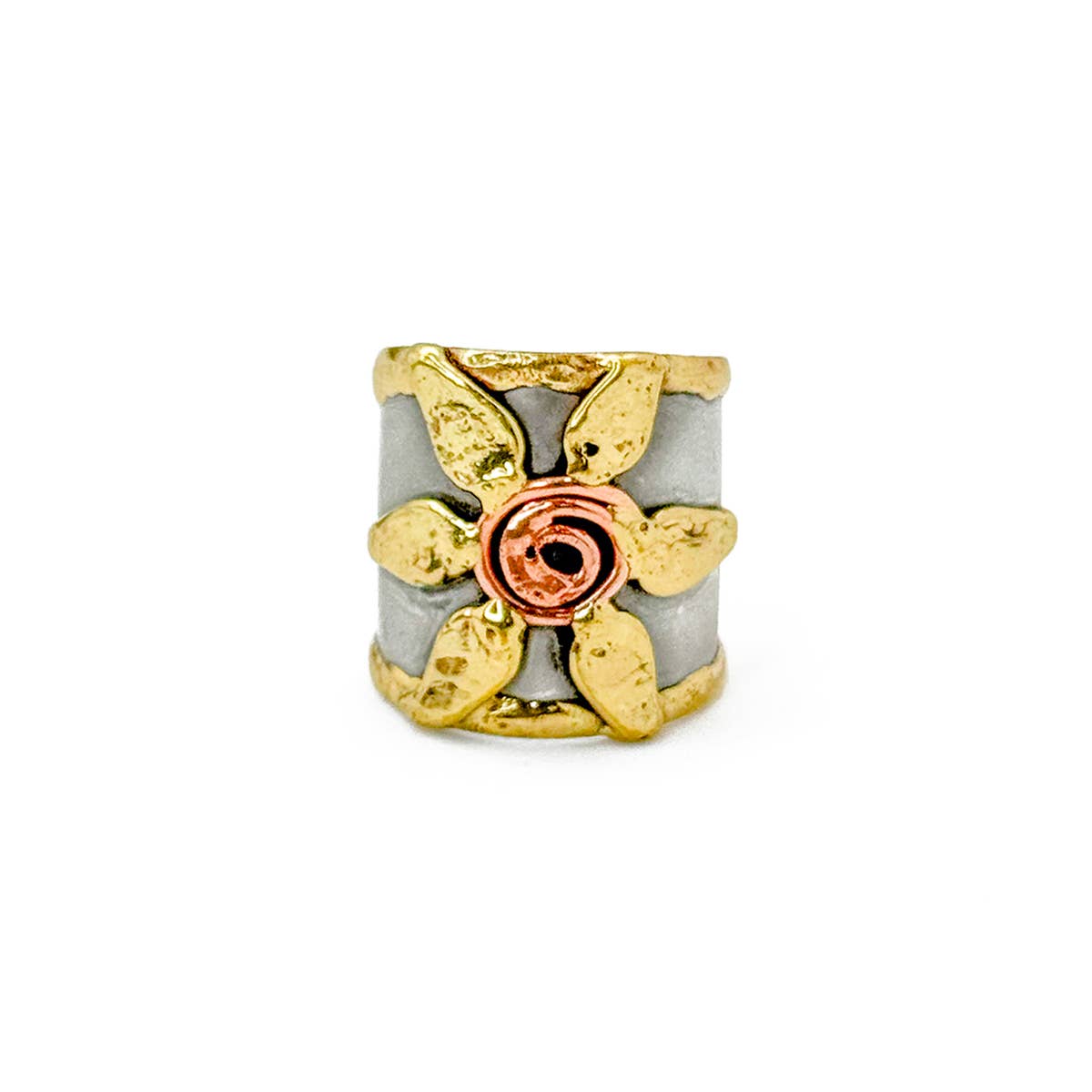 Handcrafted Mixed Metal Flowers Cuff Ring - Adjustable