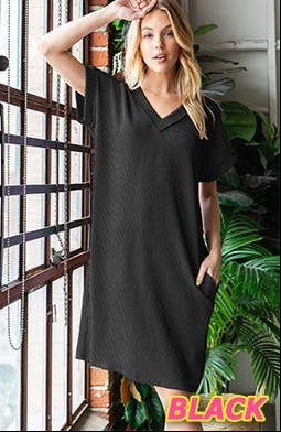 V-Neck Ribbed Dress with Side Pockets