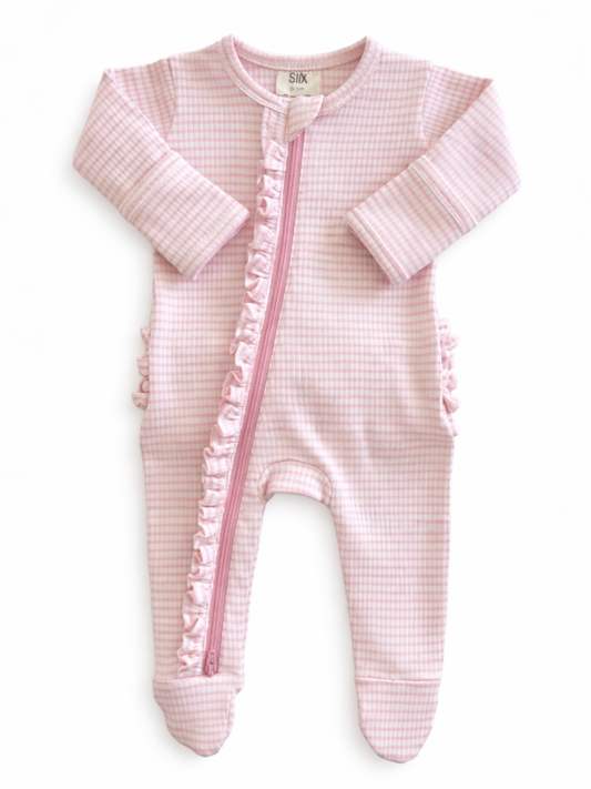 Pink Stripe / Ribbed Frill 2-Way Zip Footie - Infant