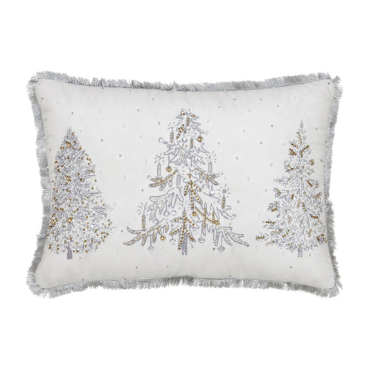 White, Silver & Gold Christmas Tree Embroidered Beaded Throw Pillow