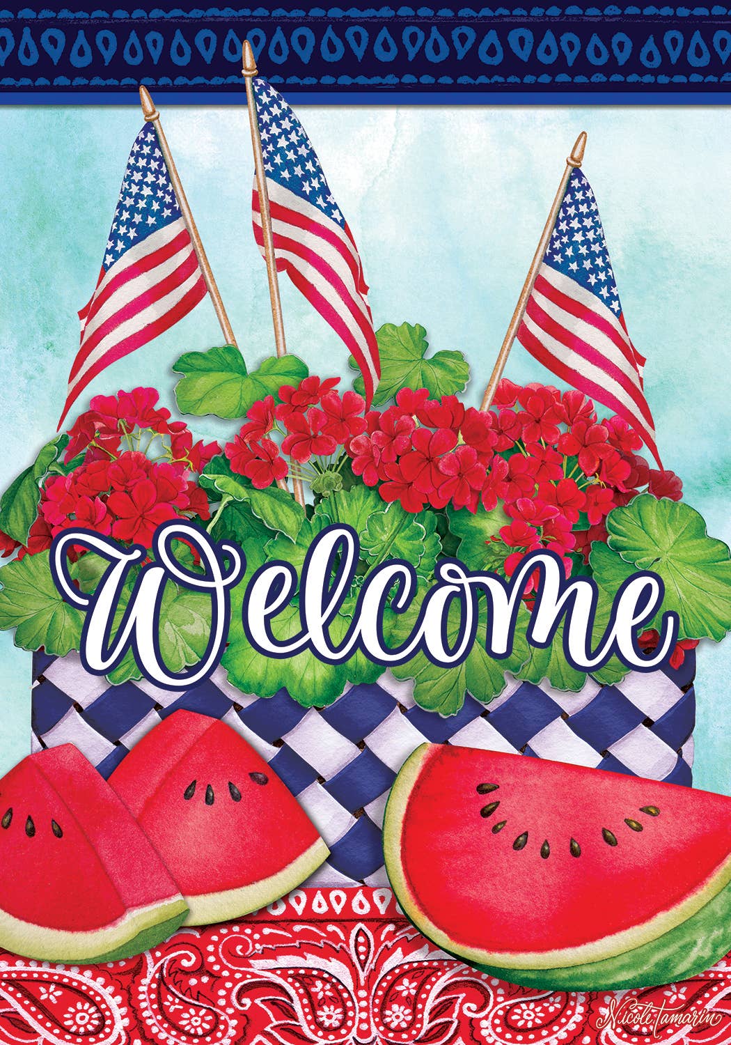 Watermelon and American Flags Welcome House Flag - 28" x 40"