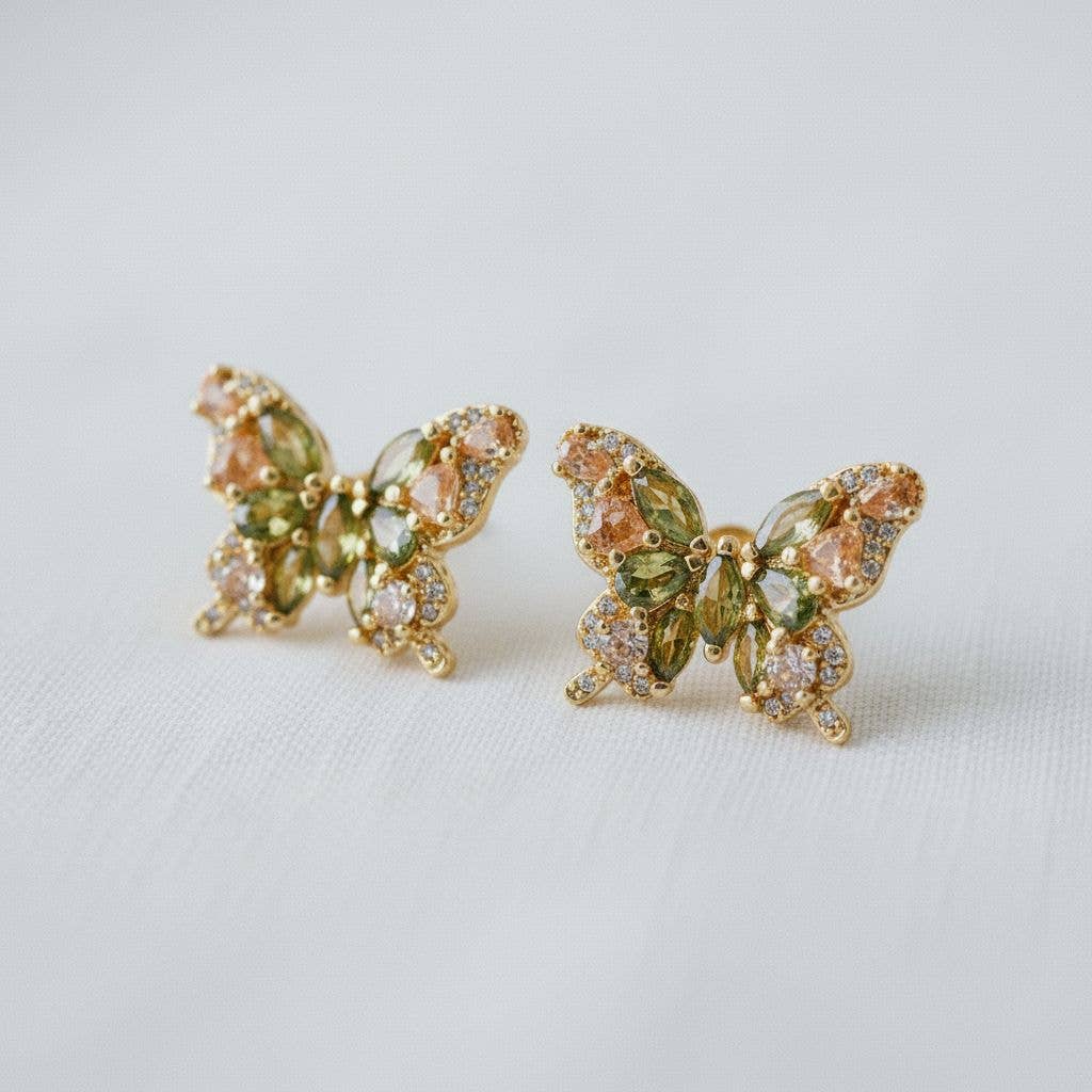 Olive Green Cubic Zirconia Butterfly Stud Earrings