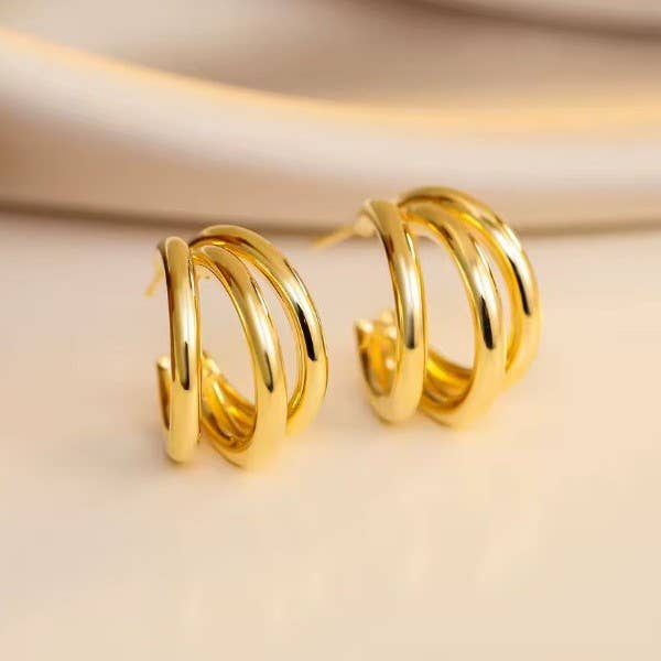 Triple Hoop Stainless Steel Earrings - 18K Gold Dipped
