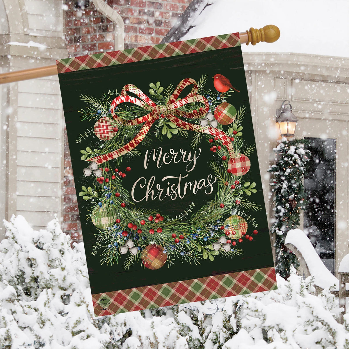 Farmhouse Merry Christmas Wreath House Flag