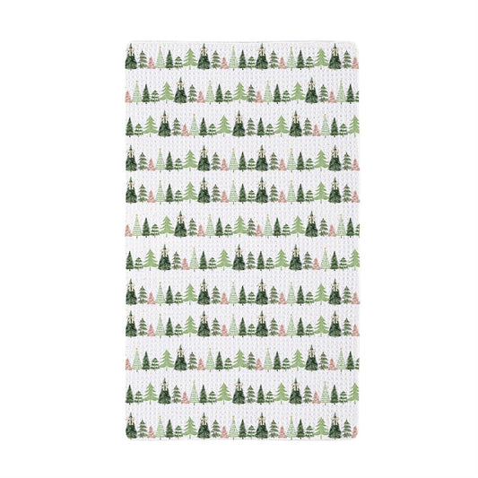 Shades of Emerald Trees & Gingham Quick Dry Waffle Weave Kitchen Towel - Double-Sided