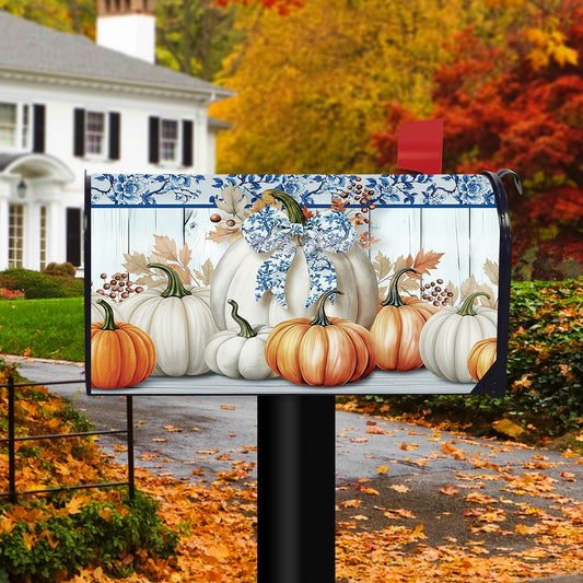 Blue and White Pumpkins Mailbox Cover - Oversized