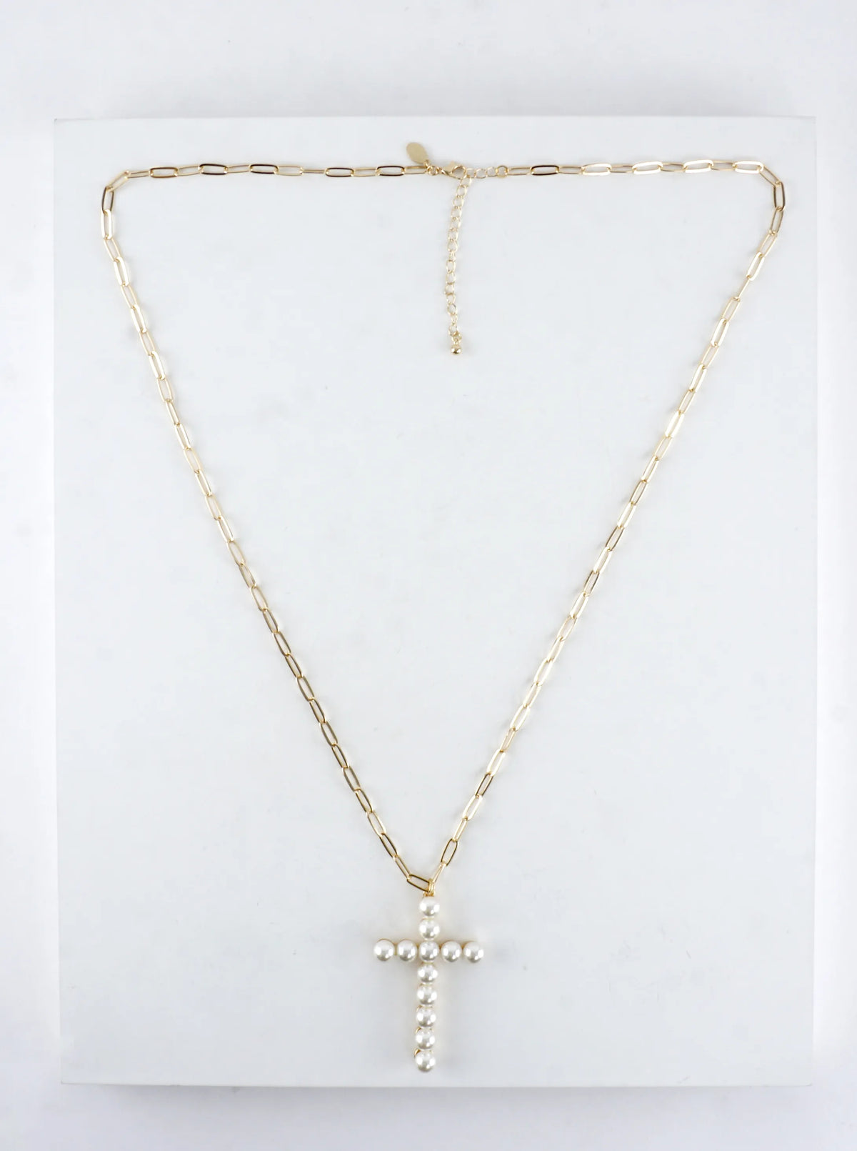 Pearl Cross Pendant Paperclip Chain Necklace