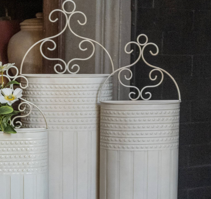 White Tall Scroll Buckets Metal - 3 Sizes