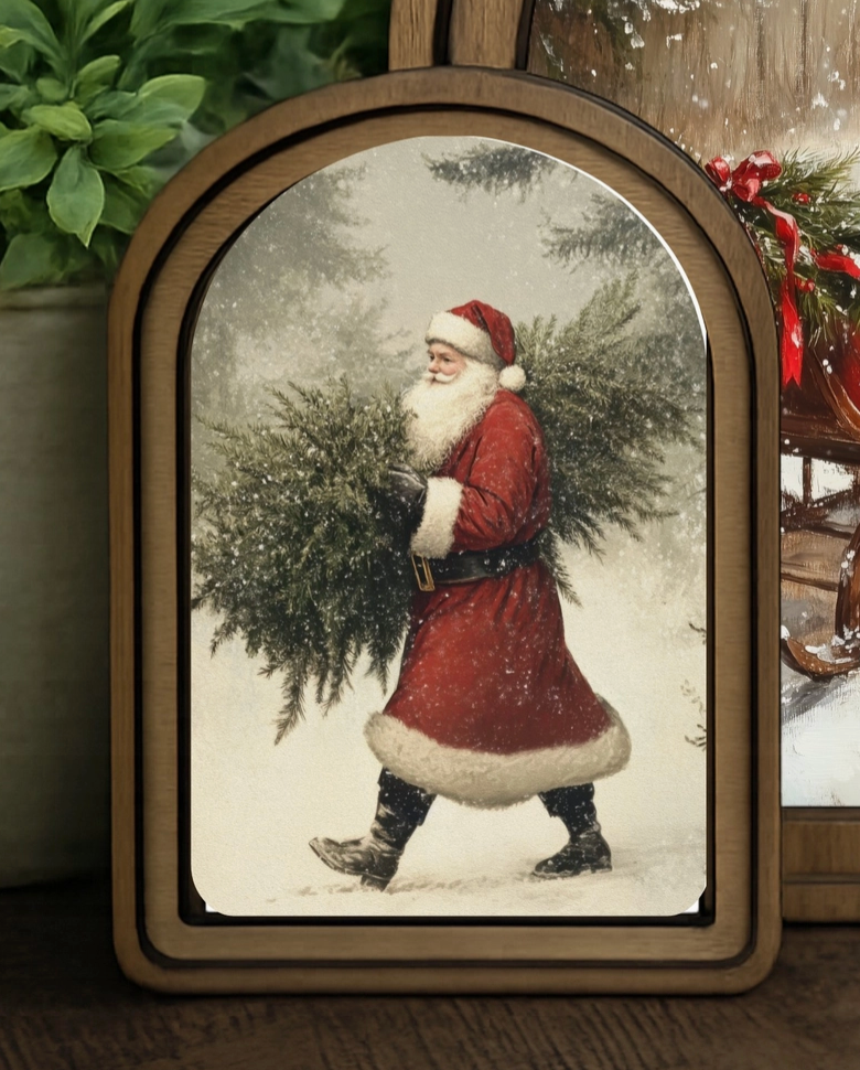Santa With Tree Framed Art - Arch Top
