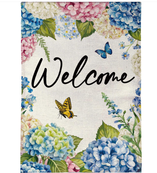 Hydrangea and Butterfly Burlap Garden Flag