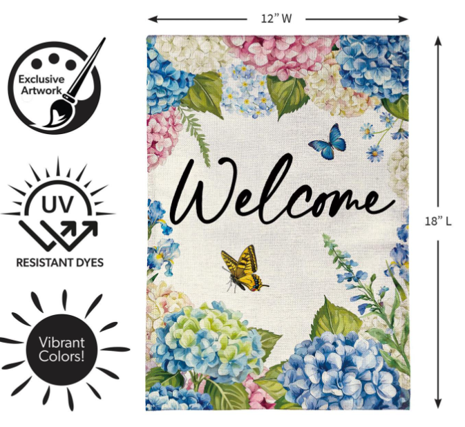 Hydrangea and Butterfly Burlap Garden Flag