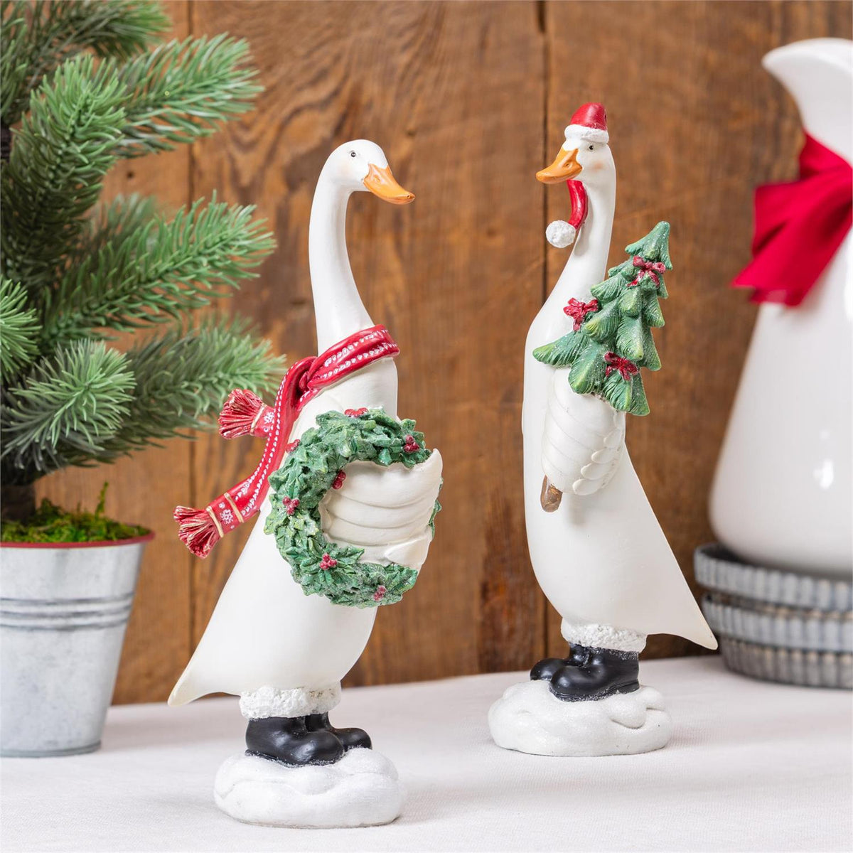 Resin Christmas Goose Statuary 9.5" - 2 Options