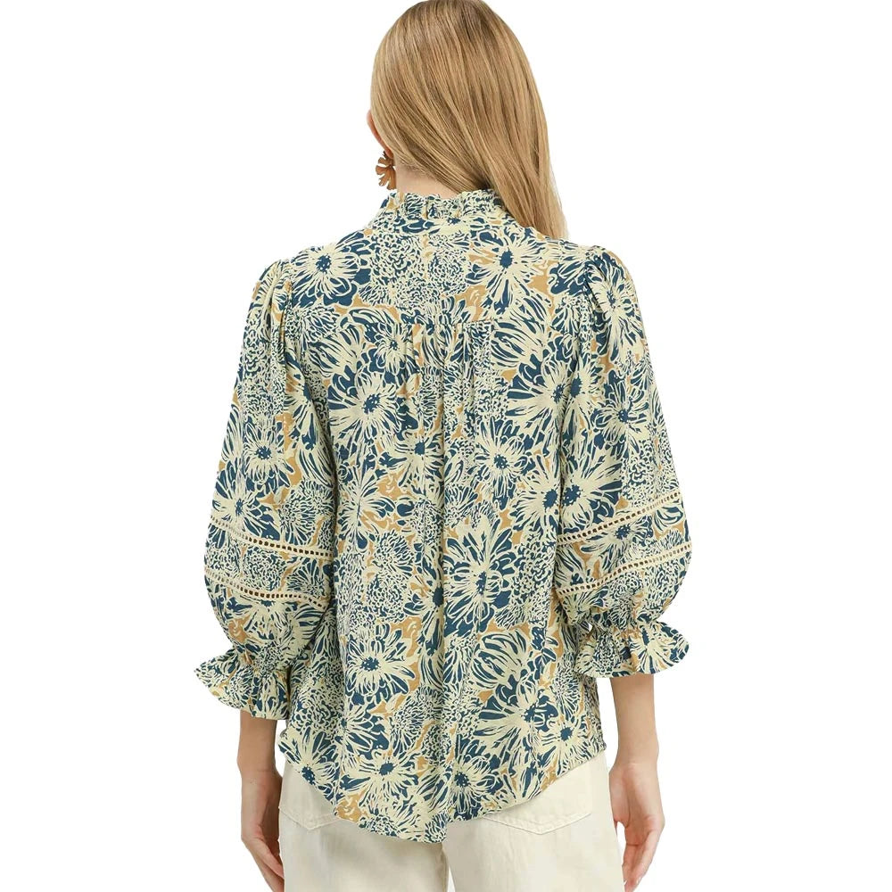 Floral Print Lace Trim Button Front Blouse - Umgee