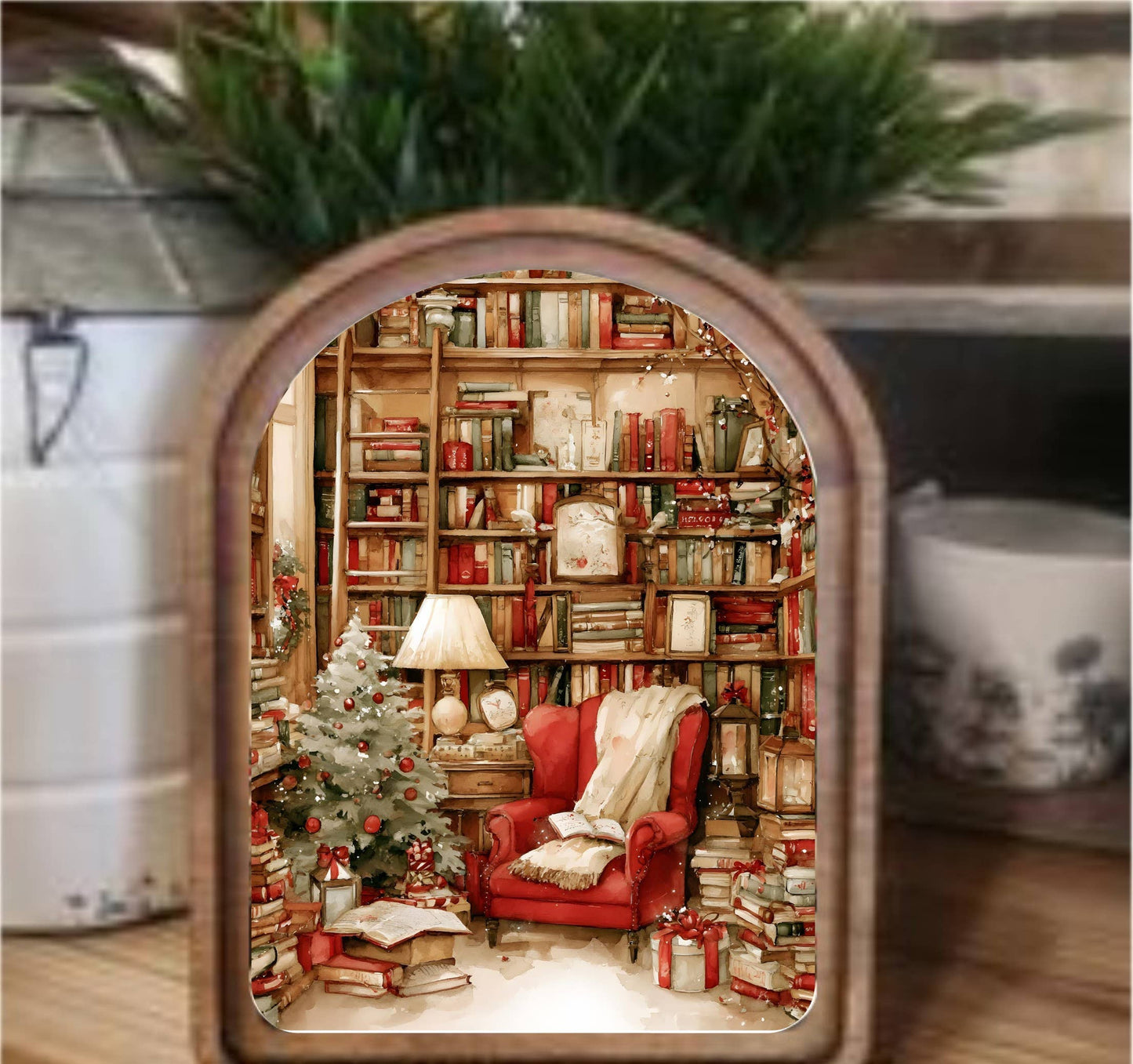 Cozy Christmas Reading Nook Framed Art - Arch Top