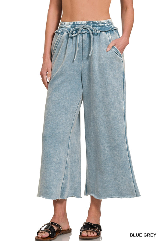 Acid Washed Fleece Lined Palazzo Cropped Sweatpants With Pockets