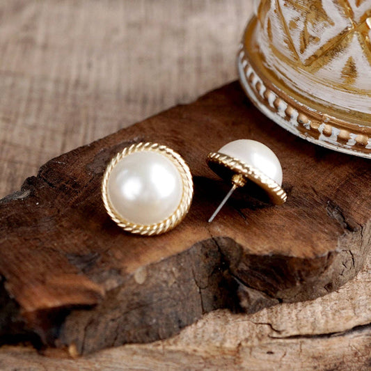 Pearl Stud Earrings – Rope Frame Classic Gold