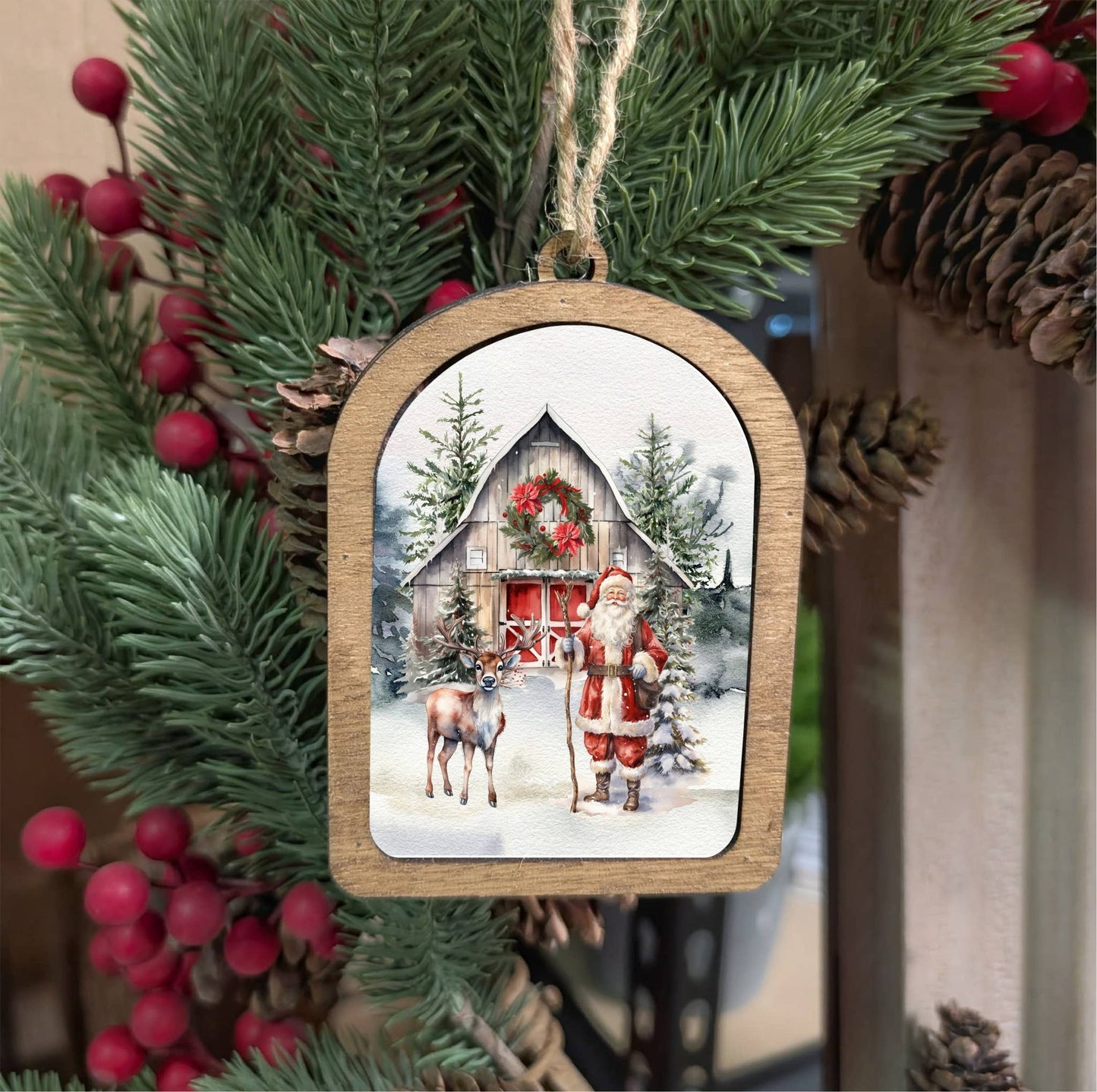 Framed Arch Ornament Santa at the Barn and Reindeer