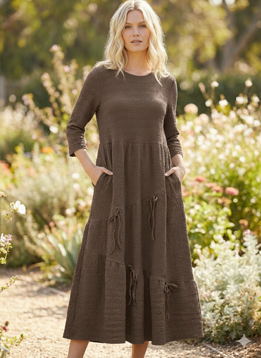 Women's Textured Empire Dress with Bow Tier Accents and Pockets