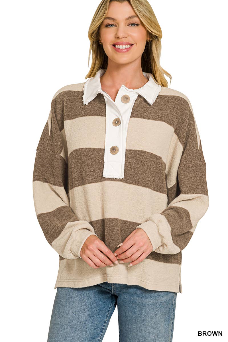 Brushed Striped Hacci Polo Sweater