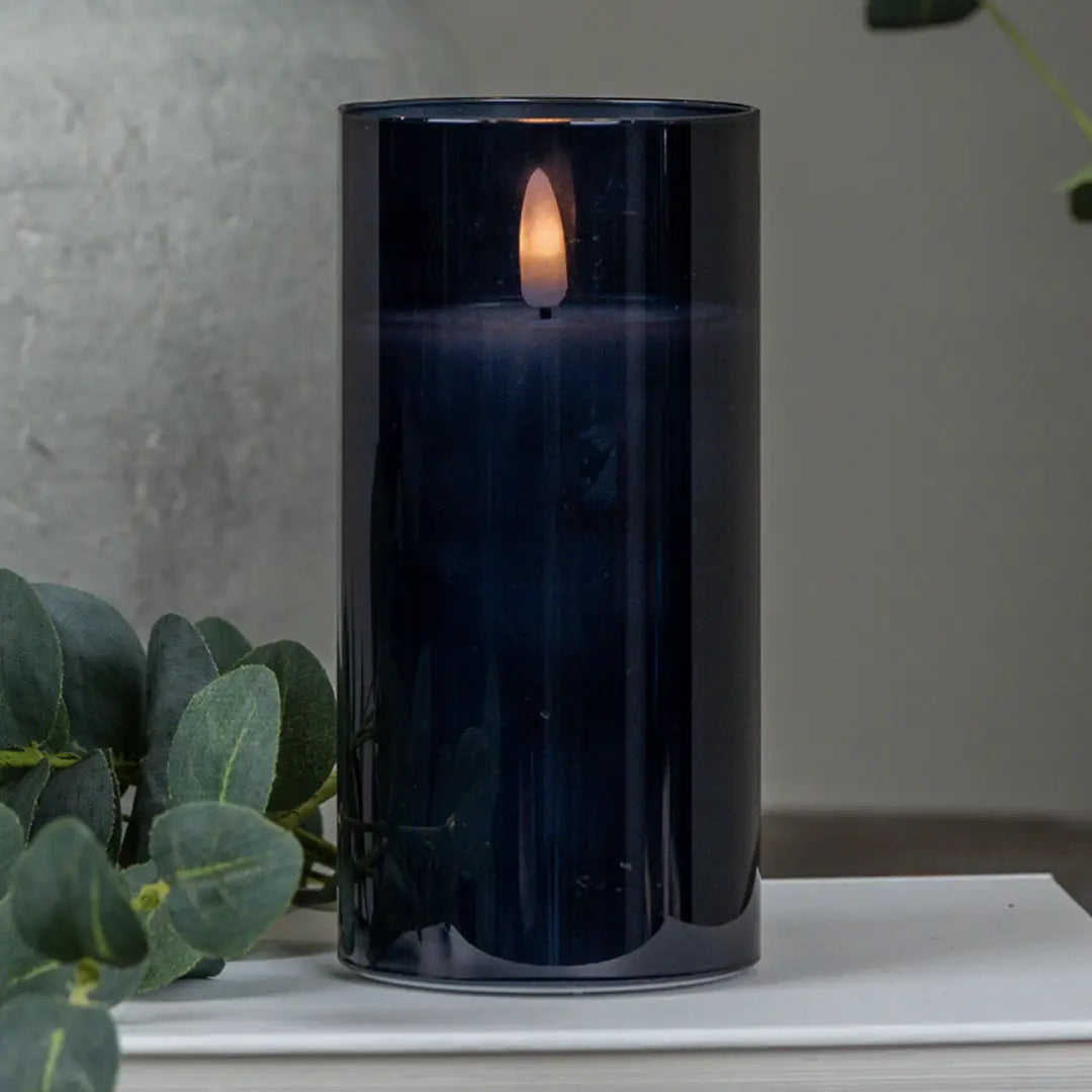 Glass 3D Flameless Pillar Candle - Navy Blue - Size Options