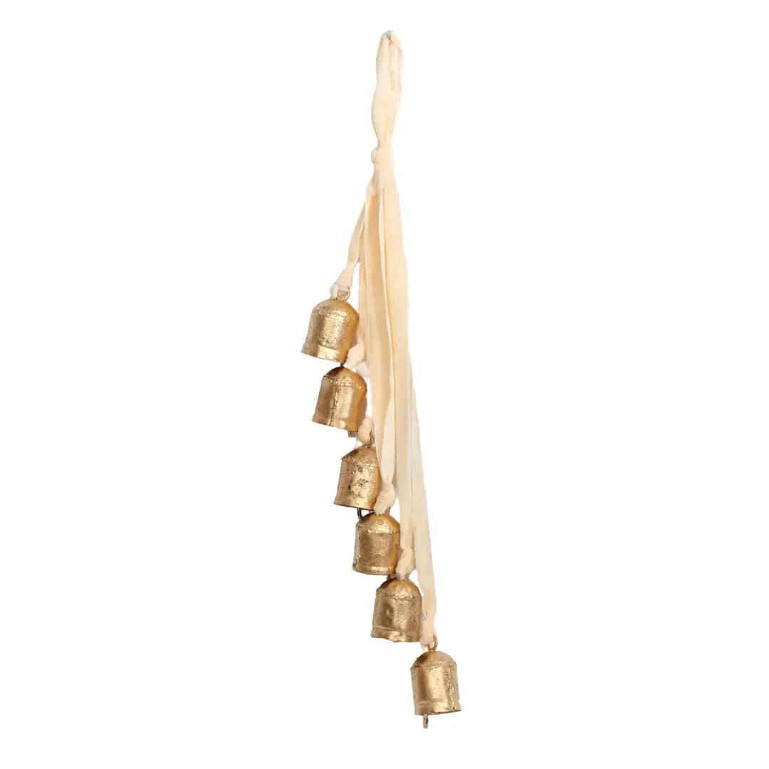 6 Gold Bells Hanging from Velvet Ribbon - Color Options