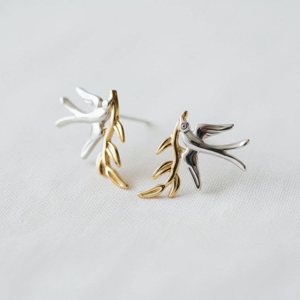 Charming Swallow and Leaf Earrings with Dual Tone Design - Bird Theme