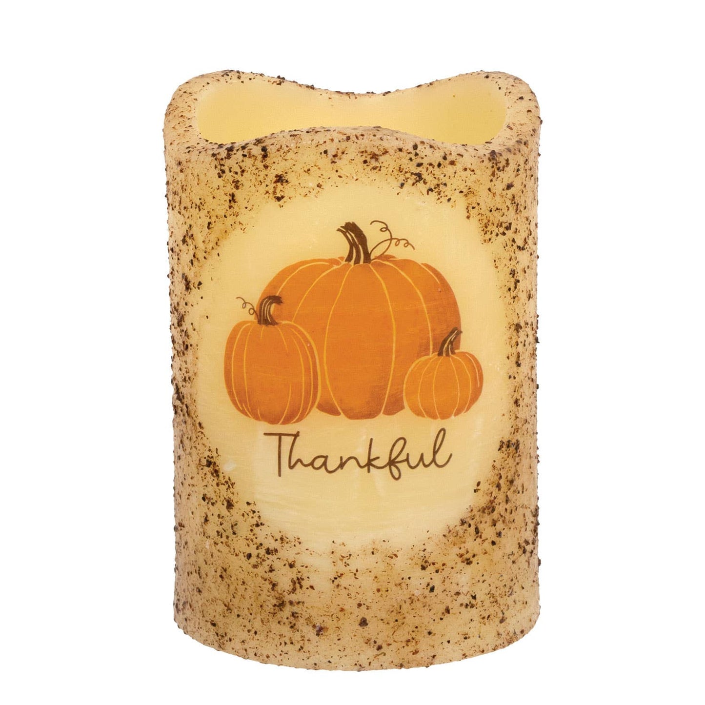 Burnt Ivory Thankful Pumpkins Timer Pillar Candle - Flameless