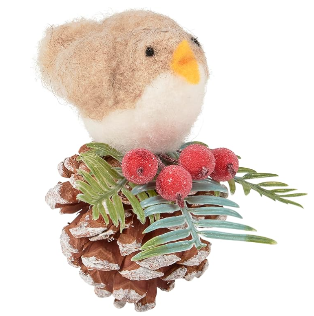 Felt Winter Bird and Pinecone Ornament