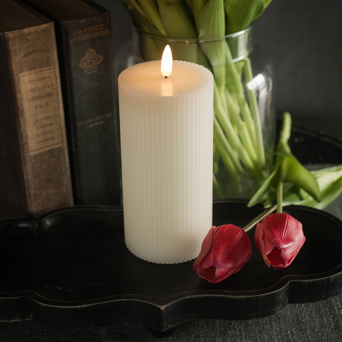 Cream Grooved 3D Flame LED Candle - 3 Sizes