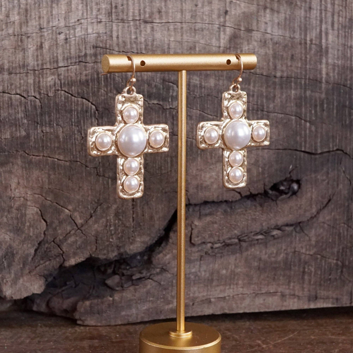 Cross Earrings – Worn Gold with Pearl Accents