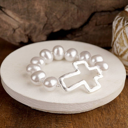 Chunky Pearl Cross Bracelet - Gold or Silver Tone