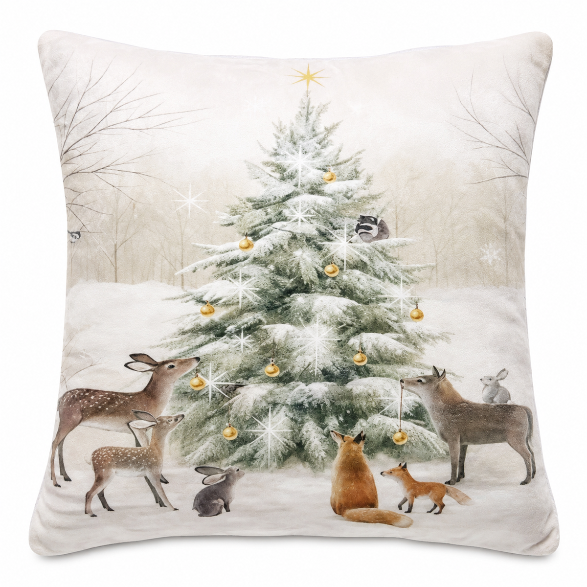 Decorating the Forest Christmas Tree Throw Pillow with Insert Included - 18" x 18" Forest Animals