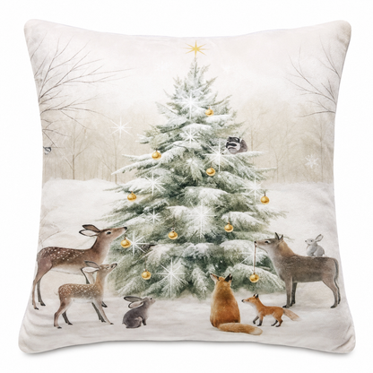 Decorating the Forest Christmas Tree Throw Pillow with Insert Included - 18" x 18" Forest Animals