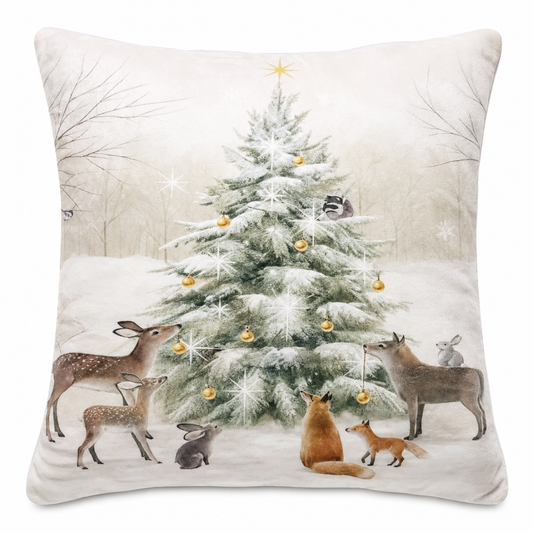 Decorating the Forest Christmas Tree Throw Pillow with Insert Included - 18" x 18" Forest Animals
