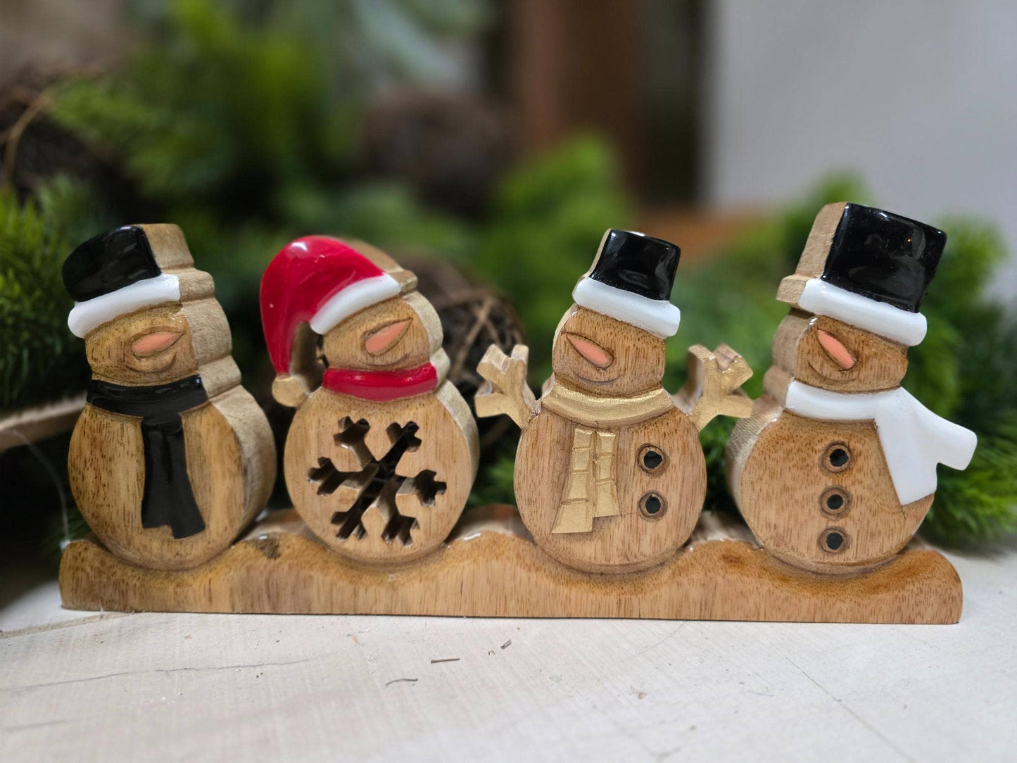 Wood Carved Snowman Family Tabletop Decor