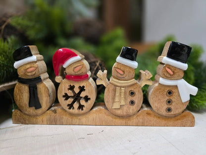 Wood Carved Snowman Family Tabletop Decor