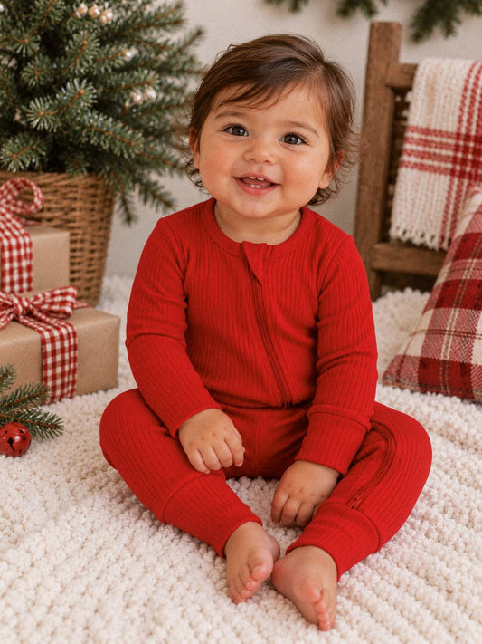 Red / Ribbed 2-Way Zip Romper - Infant