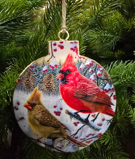 Cardinal Couple Metal Christmas Ornament 4.25in