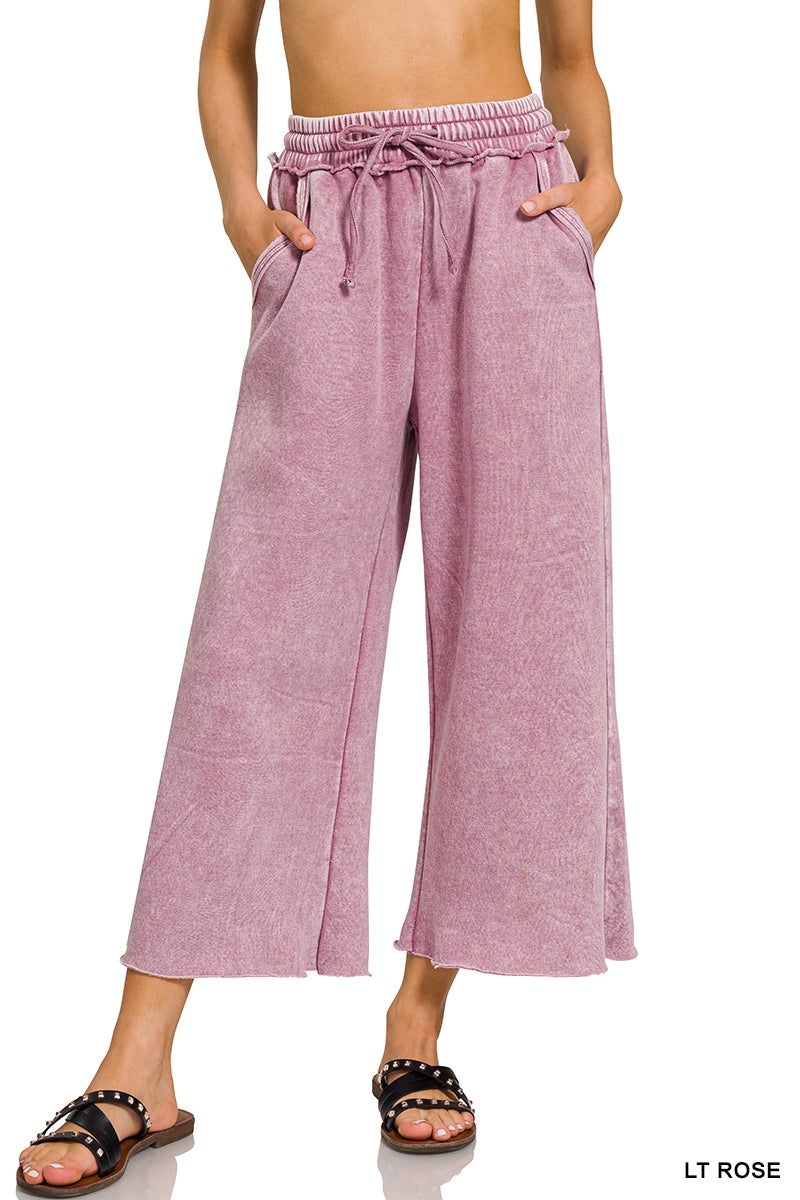 Acid Washed Fleece Lined Palazzo Cropped Sweatpants With Pockets